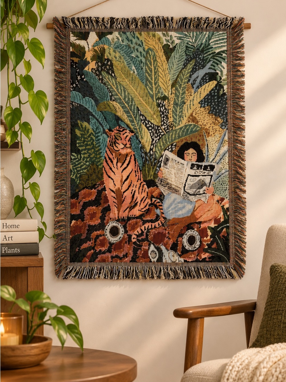 Jungle Tiger Woman Woven Tapestry Wall Hanging Throw Blanket 22x30